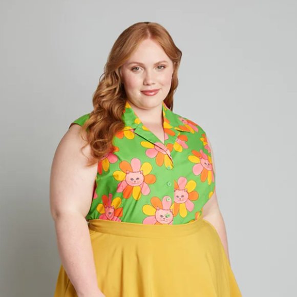 ModCloth x Marisol Muro Showing Up Chic Cat Daisy Green Sleeveless Top Size M - Picture 3 of 10